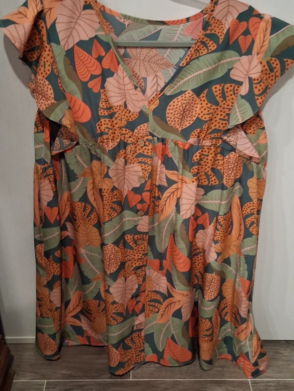 Tropical Leaf Print Flutter Sleeve Dress - Green & Peach